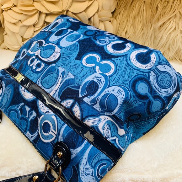 Coach Signature Logo Blue Nylon/Leather Tote - Picture 2 of 8